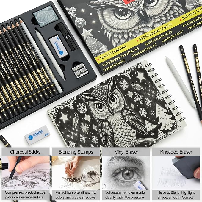 MARTCOLOR Drawing Sketching Pencil Set, 26 Pieces, Graphite Pencils (14B-4H), Charcoal Pencils, Charcoal Sticks, Blending Stump, Eraser, Sharpeners, Artist Pencils for Beginners & Pro Artists
