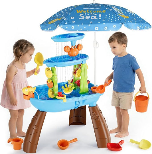 Kids Sand Water Table for Toddlers with Umbrella/Water Pumb, 3-Tier Outdoor Water Sand Play Table Beach Toys, Summer Splash Activity Sensory Table Party Birthday Gift for Kids 3 4 5 6 7 8