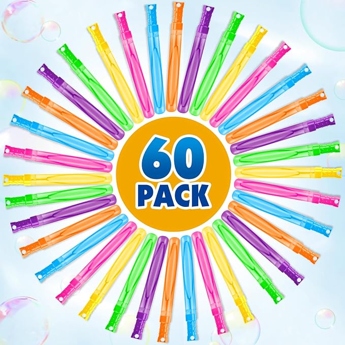 Bubble for Kids, 2OZ Bubble Wands Bulk for Kid Party Favors, Summer Toys, Indoor & Outdoor Activities, Birthday, Carnival Prizes, Wedding, Goodie Bags, 60 Pcs, 6 Assorted Colors