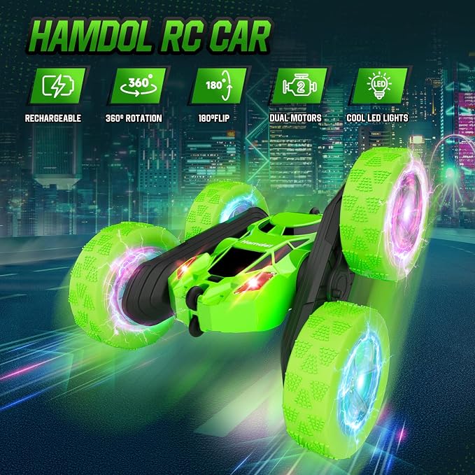 Hamdol Remote Control Stunt Car for Kids, 360° Spinning Double-Sided RC Toy with LED Wheel Lights, 4WD Rechargeable Vehicle for Boys Ages 6–12, Educational STEM Toy & Valentines Gift