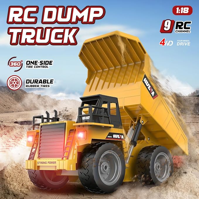 RC Dump Trcuk Toy for Kids,9-Channel Construction Vehicle Truck Toys with Working Bed, Lights & Sounds,1:18 Rechargeable Remote Control Truck for Boys Girls Gift