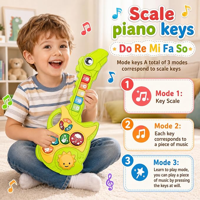 Toys for 1-3Year Old Boy Gift,2-in-1 Electric Guitars,12-18 Month with Animal Sound and Light Dinosaur Musical Guitar Piano Toys,Learning Educational Gift for Toddlers
