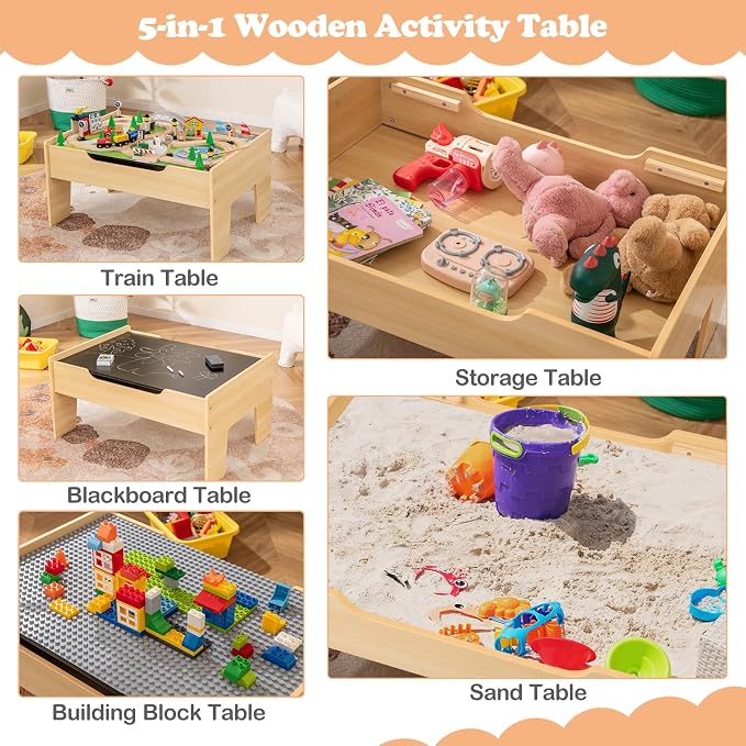 HONEY JOY Train Table, Wooden Kids Activity Table with Storage, 78 Multicolor Pieces, Tracks, Trains, Cars, Toddler Train Table Set with Reversible Tabletop, Gift for Boys Girls Aged 18 Months+