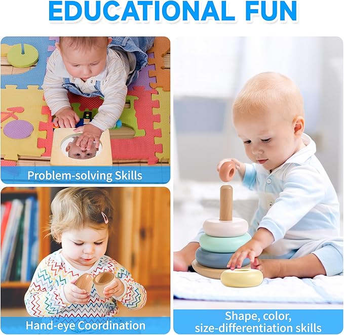 WOODMAM Montessori Toys for Babies 7-12 Months, 9 in 1 Educational Wooden Toys Set, Includes Object Permanent Box, Stacking Cups, Mirror Puzzle, Ring Stacker and More
