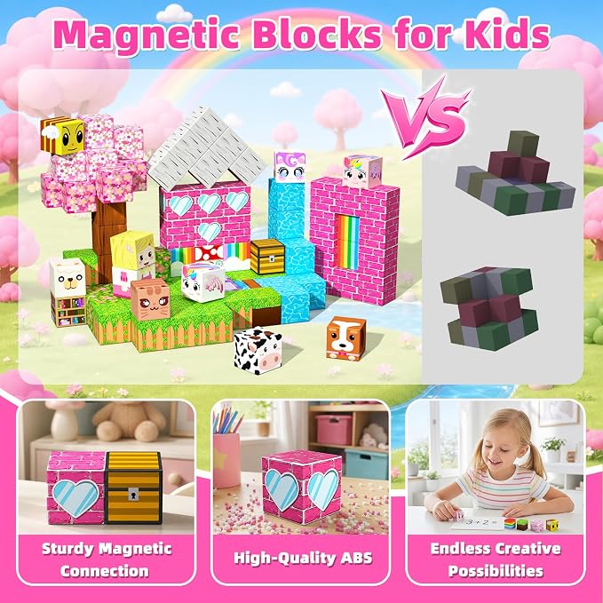 100PCS Magnetic Blocks, Magnetic Building Cube Set for Kids Ages 3+, Constructions STEM Stacking Tiles Toy Building Birthday Gifts for Girls