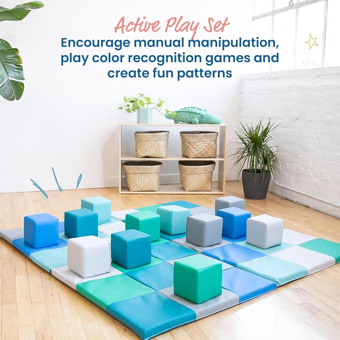 ECR4Kids SoftZone Patchwork Activity Mat and Toddler Blocks, Soft Playset, Contemporary, 13-Piece