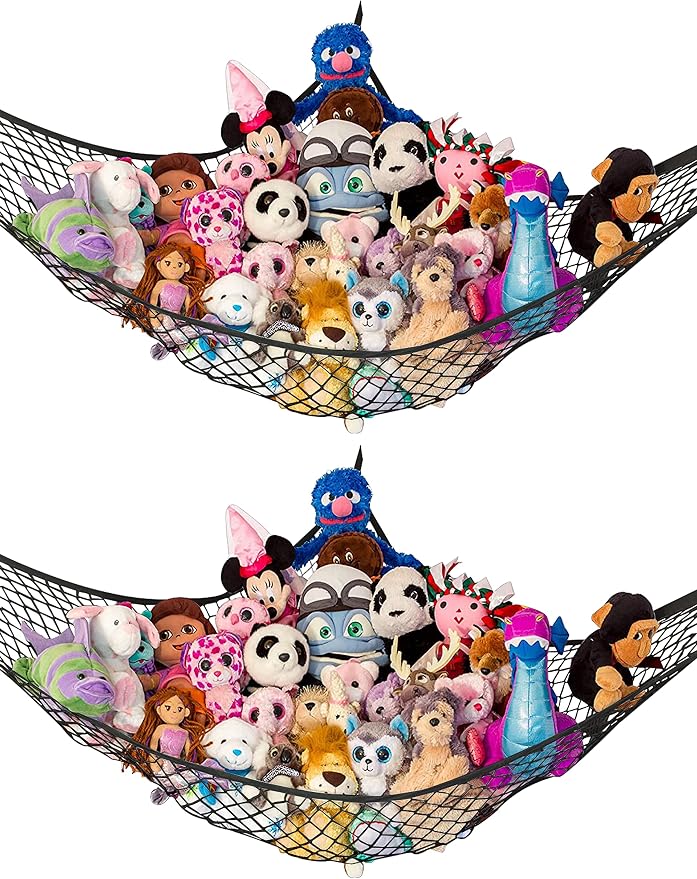 Stuffed Animal Hammock 2 Pack | Corner Stuffed Animal Storage & Plushie Net | Toy Hammock for Stuffed Animals | Holds 12lbs | Easy Hang, All Hardware Included | Black Bedroom Decor | by Lilly's Love