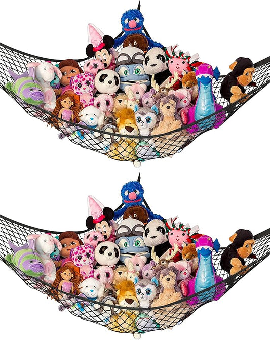 Stuffed Animal Hammock 2 Pack | Corner Stuffed Animal Storage & Plushie Net | Toy Hammock for Stuffed Animals | Holds 12lbs | Easy Hang, All Hardware Included | Black Bedroom Decor | by Lilly's Love