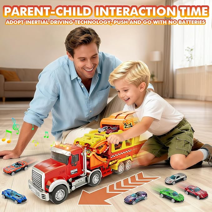 Kids Toys for 3 4 5 6 7 8 Years Old Boys, Carrier Truck Transport Car with Lights Sounds, Foldable Layer Car Race Track Playset with Race Track, 6 Metal Toy Cars, Christmas Birthday Gift for Toddler