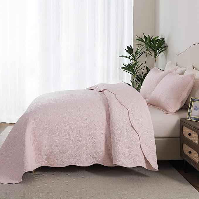 HoneiLife Queen Size Quilt Sets - 3 Piece Queen Quilt Bedding Set Microfiber Quilt Set Lightweight Bedspreads Reversible Coverlets Retro Bed Cover Floral Bedding Set All Season Quilts-Light Pink