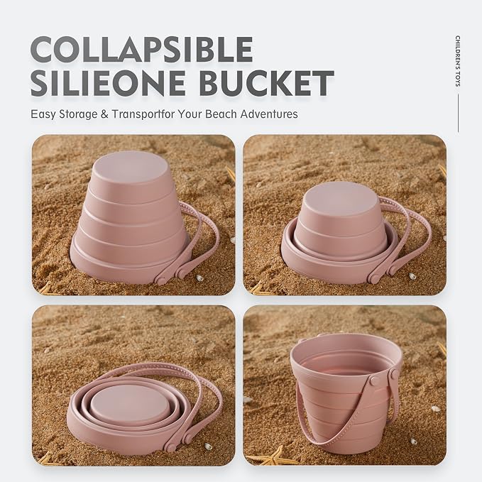 MarcZero 11Pcs Silicone Beach Toys,Collapsible Sand Bucket,Modern Baby Beach Toys,Travel Friendly Beach Set,Silicone Bucket,Shovel,Sand Molds, Beach Bag,Silicone Sand Toys for Toddlers, Kids (Pink)
