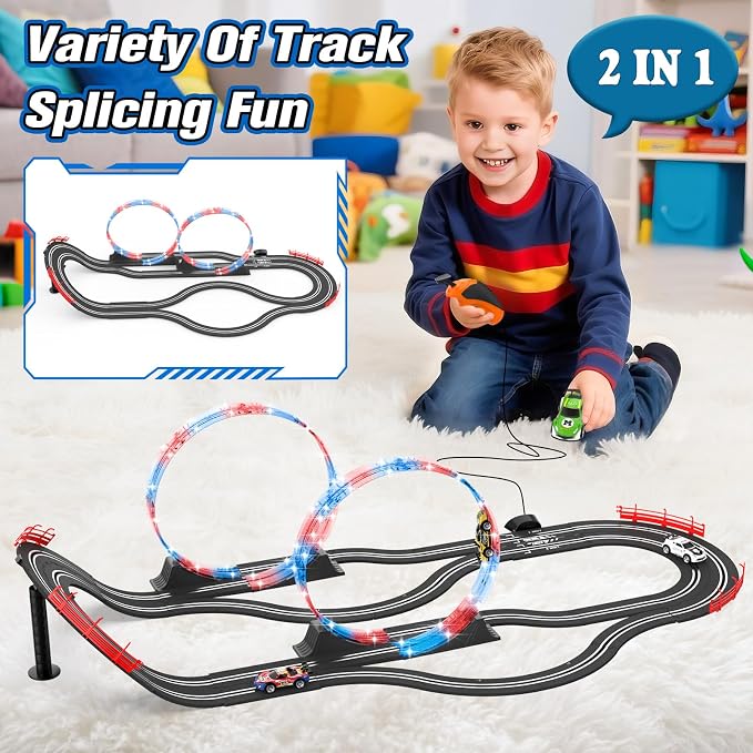 2-in-1 Slot Car Race Track Sets with 4 High-Speed Cars, Electric Track, Dual Racing Game with 2 Controllers, Circular Overpass Design Featuring Flash Tracks. Toy Gift for Boys Kids Ages 4-6 6-8 8-12