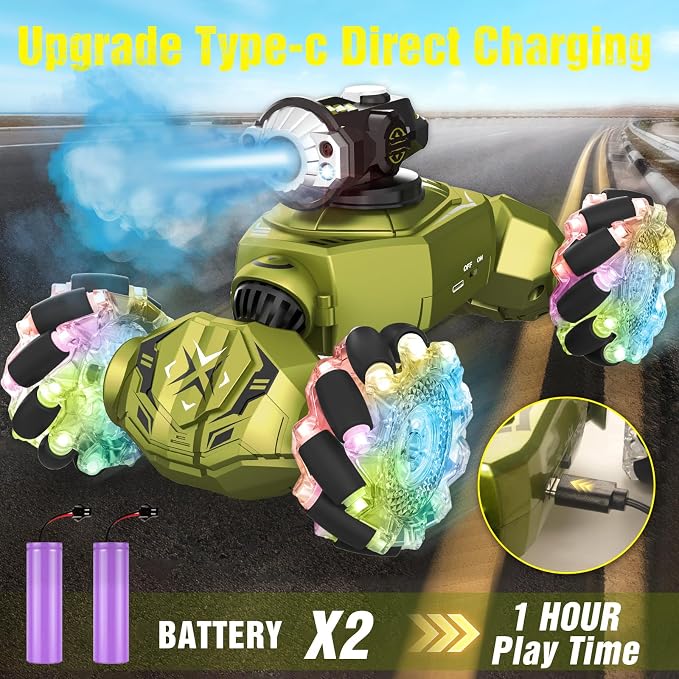 Gesture Sensing Remote Control Car, RC Cars Toys for Boys Age 6-12, 4WD Hand Controlled Twist & Transform 360° Spins Stunt Car with Mist, Light & Music, 8-10 Year Old Boys Birthday Gift Green