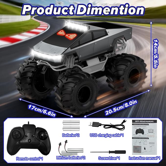 Remote Control Car with LED Dynamic Eyes, 1:18 Amphibious RC Cars, 4WD All Terrain Pickup, 2.4GHz Waterproof Cyber Truck, 360° Rotatable Monster Truck Toys for Boys Birthday Gifts Age 6 7 8 9+(Grey)