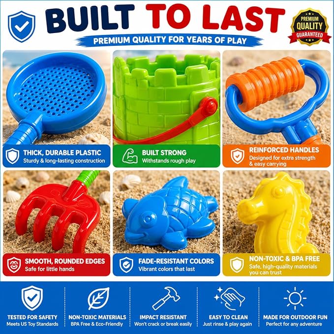 Beach Toys & Sand Toys for Kids Toddlers and Ages 4-12 — 23 Piece Sandbox Toys Set with Reusable Storage Bag, Sand Castle Building Kit, Animal Molds, Shovels, Rake, Sifter & Watering Can