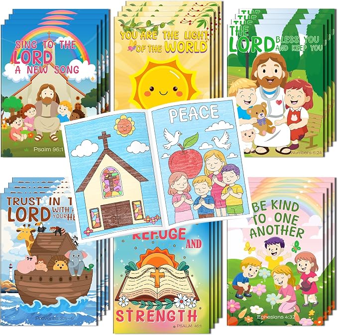 Kalysky 24Pcs Christian Bible Coloring Books for Kids, Mini Religious Jesus Stories Booklet Bulk,DIY Art Drawing Book Activity Supplies for Church Sunday School Classroom Rewards Party Favors
