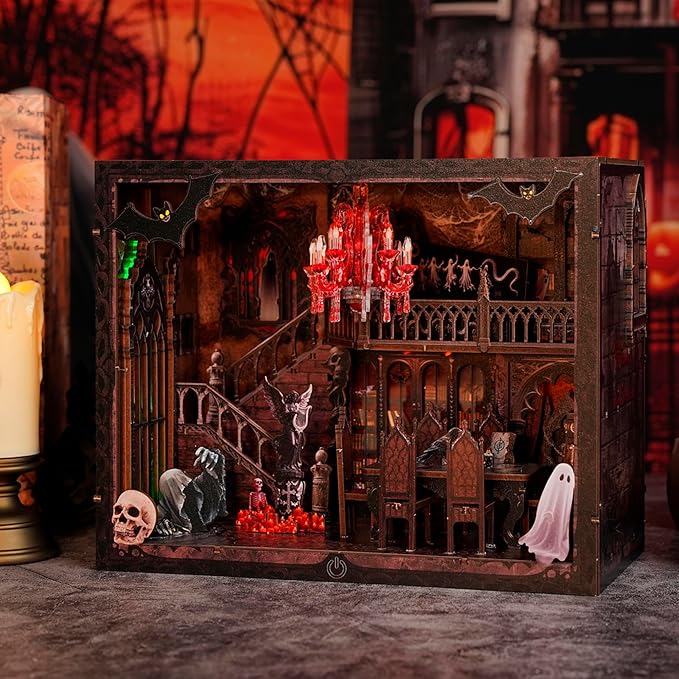 Haunted Manor DIY Miniature House Kit with LED Lights - Gothic Book Nook Decor, 3D Wooden Puzzle for Adults, Halloween Home Decoration (AAA Batteries Not Included)
