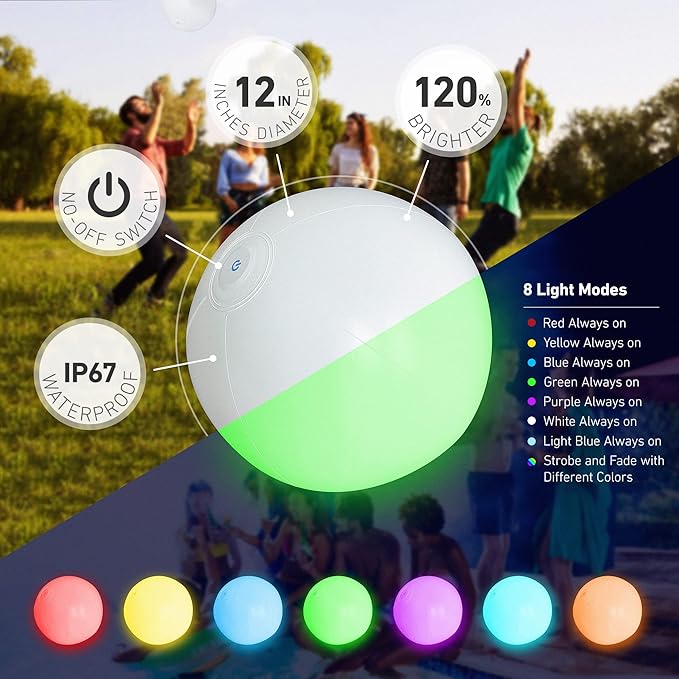 FLAMDYNO Pool Toys, 4/8 Pack 12" Light Up Beach Balls with 8 LED Modes, Up to 60H Glow Pool Balls, IP67 Waterproof & Leak-Resistant Inflatable Beach Balls for Kids 3-10, Pool Party Games & Decorations