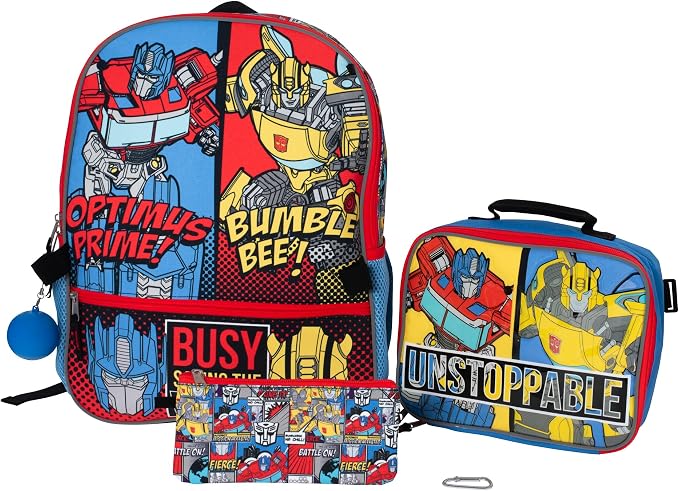 AI ACCESSORY INNOVATIONS Transformers 5 PC Backpack Set, Bumblebee & Optimus Prime School Bag 16”, Blue & Red