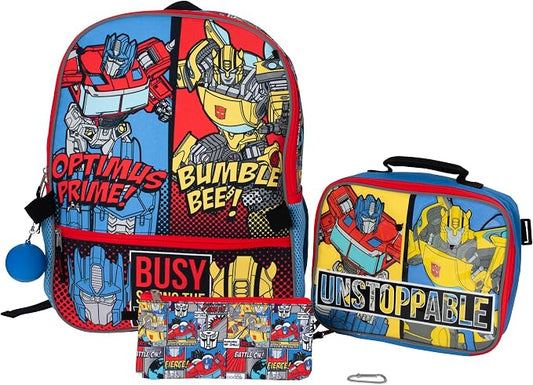 AI ACCESSORY INNOVATIONS Transformers 5 PC Backpack Set, Bumblebee & Optimus Prime School Bag 16”, Blue & Red