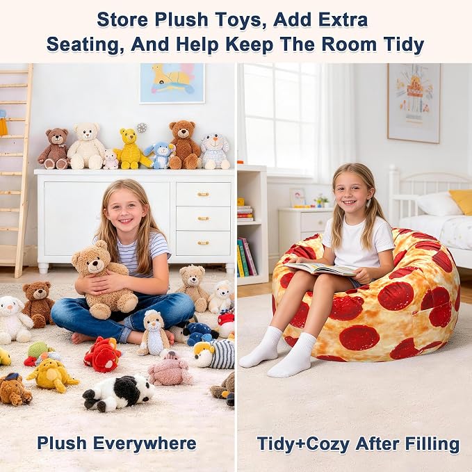 Lukeight Pizza Stuffed Animals Storage Bean Bag Chair Cover for Kids, Cozy Velvet Plush Toy Organizer Seat, Cover Only, No Filling Included, Long YKK Zipper, Side Pocket, X-Large 30 x 18 in