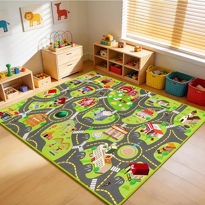 Kids Car Rug Play Mat, Non Slip City Road Carpet for Kids Toy Cars, Car Track Rug Play Mats for Floor, Educational Vehicle Rugs for Playroom Bedroom Kids Room, Machine Washable (78.7"X47.3", A)