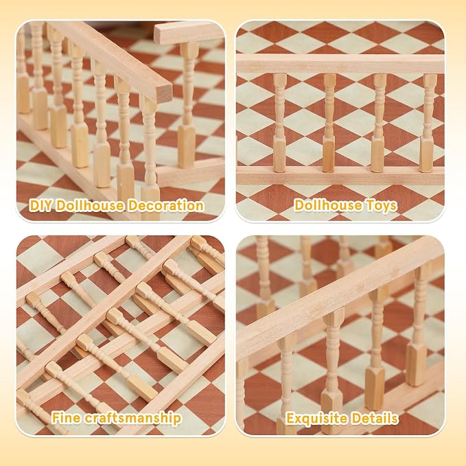 TOYANDONA 4pcs Dollhouse Railing 1/12 Scale - Wooden Dollhouse Handrail Miniature Stair Railing for Doll House Decoration Accessories