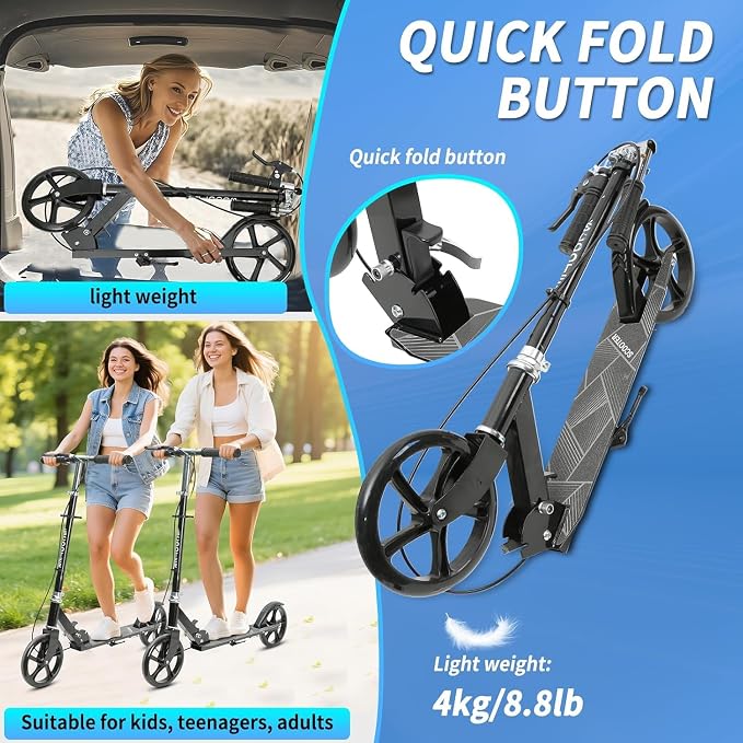 Scooters for Kids 8-12,Scooter for Teens Adults with 8-Inch Big Wheels Foldable Lightweight, 4 Adjustable Height Levels, 240 lbs Max Load Portable Scooter with Hand Brake