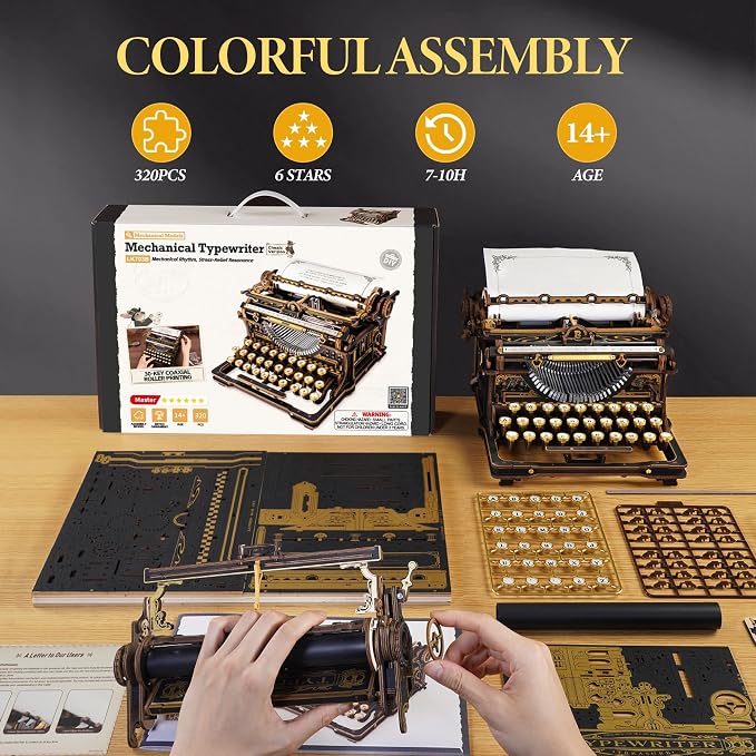 ROBOTIME 3D Wooden Vintage Typewriter Puzzle, Mechanical Moving Model LK703B, Functional Simulated Typing, Retro Desk Home Decor, Challenging Handcraft Gift for Adults Hobbyists 320 PCS