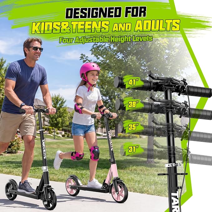 TaroKitc Kick Scooter for Kids 8-12, Teens & Adults | 240 LBS Max Load, Hand Brake & Bell, Lightweight, Foldable 8-Inch Big Wheel Scooter with 4 Adjustable Height Levels | Park Rides & Commuting