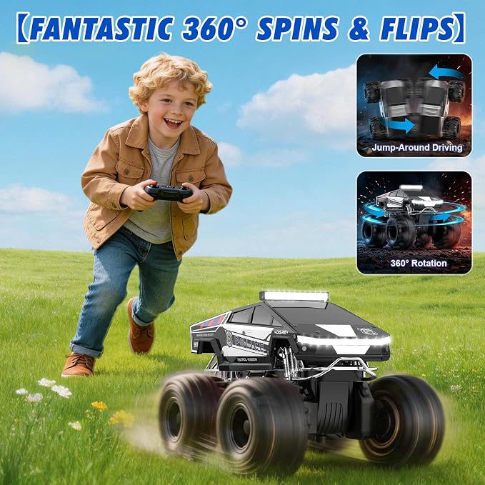 Qrytoi Police Cyber Remote Control Car, 1:18 Amphibious RC Car for Boys and Girls, 2.4GHz Waterproof Monster RC Car with 2 Rechargeable Batteries, Remote Control Truck Toys for Kids 6+