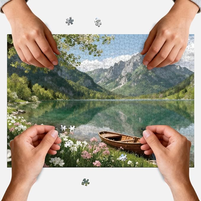 Puzzles for Adults 1000 Pieces, Serene Spring Mountain Lake | Wooden Boat Landscape Jigsaw Puzzle, Summer Beautiful Nature Scenery Wall Decor & Gift for Friends, 27.56x19.7 Inch