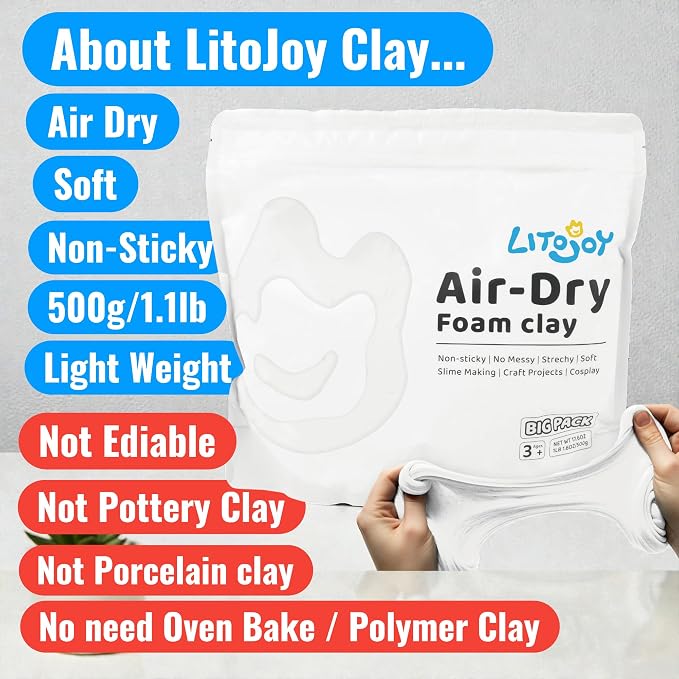 White Air Dry Foam Clay 500g/1.1lbs - Soft Modeling Clay for Art Projects, Cosplay Props, DIY Crafts and Slime Making (Light Weight & Easy to Mold)