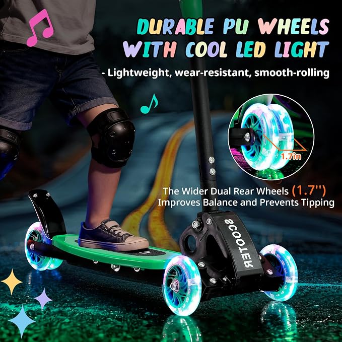 3 Wheel Kids Kick Scooter for Ages 3-12, Lean-to-Steer, Light-Up Wheels, 3-Level Adjustable Handlebar 27.5”-33”, Wide Non-Slip Deck, Dual Rear Brake,Travel Foldable, for Boys & Girls Toy Gifts