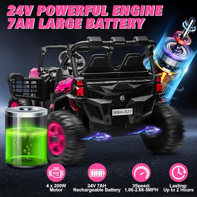 24V 2-Seater Ride On Car Truck w/4x200W, 20" Spacious Seat, 4WD/2WD Switchable, 5 Mph Max Speed, Rainbow Lights, Remote Control, Soft Start, Storage, Electric Car for Kids Ages 3-8, Rose Red