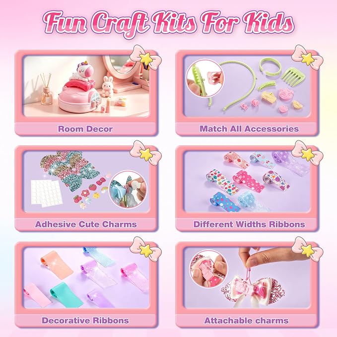 EFOSHM Bow Maker, Ribbon DIY Bow Kit for Girls, Fashion Hair Accessories Arts and Crafts Set, Bow Making Headband, Rings, Hairbands, Bracelets, Necklaces, Gift for 5 6 7 8 Year Old Girls