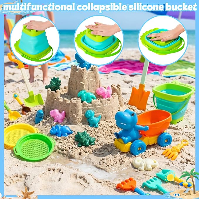 20 Pcs Beach Toys, Dinosaur Sand Toys Include Molds Foldable Bucket Mesh Storage Bag Shovels Dump Truck, Summer Sand Toys for Toddlers Kids