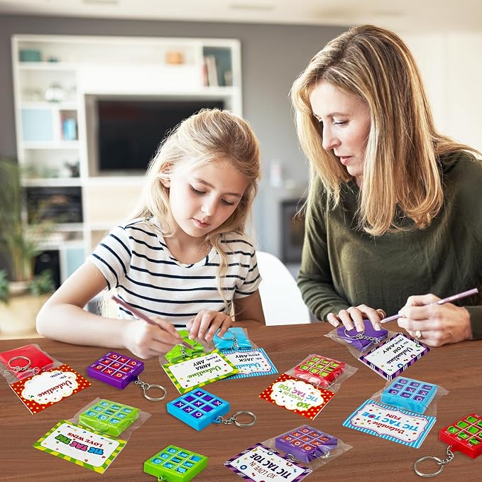 Valentines Day Cards Gifts for Kids School Classroom - 28 Pack, Valentine Exchange Card with Tic Tac Toe Game Keychain for Toddler Boys Girls, Party Favors Non Candy Treat Goodie Bag Stuffer Toy Prize