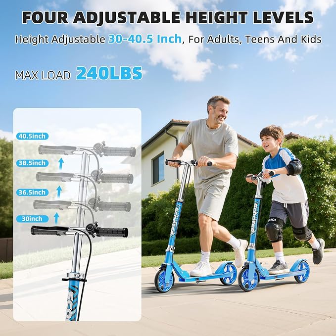 Scooters for Kids 8-12, Teens & Adults - Lightweight, Foldable, 8-Inch Big Wheels, Hand Brake & Bell, 4 Adjustable Height Levels, 240 lbs Max Load, Perfect for School, Campus and Park Rides