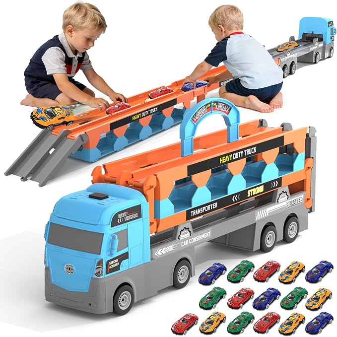 2-in-1 Race Truck Car Toys for 3-8 Years Old Boys Girls, Trucks for Toddlers 2-4 Years Foldable Transport Car Toys with 2 Foldable Tracks 16 Race Cars, Birthday Gifts Children's Day for Kids