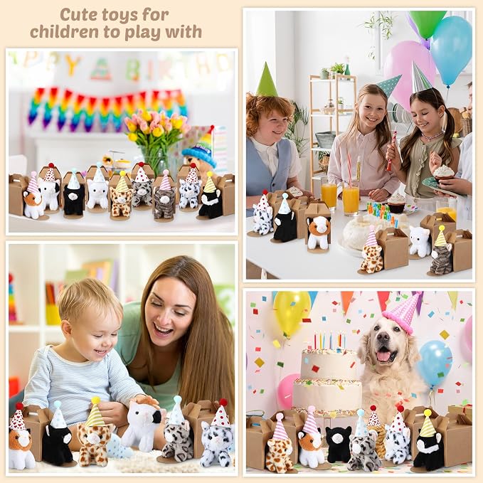 10 Set Kittens Stuffed Animals Bulk with 10 Birthday Hats 10 Kraft Paper Boxes Mini Plush Toys Small Stuffed Cat Pet Gifts for Kids, School Birthday Animal Decor(Sitting Style)