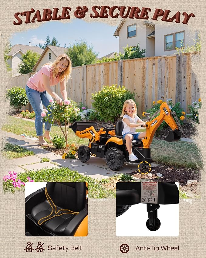 First Ride On JCB 3CX Licensed 24V Excavator Ride On Toys for Kids, Backhoe Digger Toy with Reversible Seat, Removable Front & Rear Arms, Remote Control, Electric Construction Car for Boys Girls (24V)