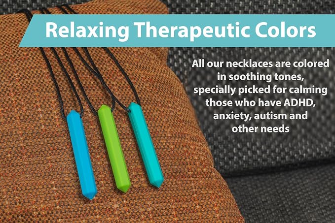 Pencil Sensory Necklace 3 Set - Best for Kids or Adults that Like Biting or Have Autism – Perfectly Textured Silicone Chewy Toys - Chewing Pendant for Boys & Girls, Chew Necklaces - Ocean Blue
