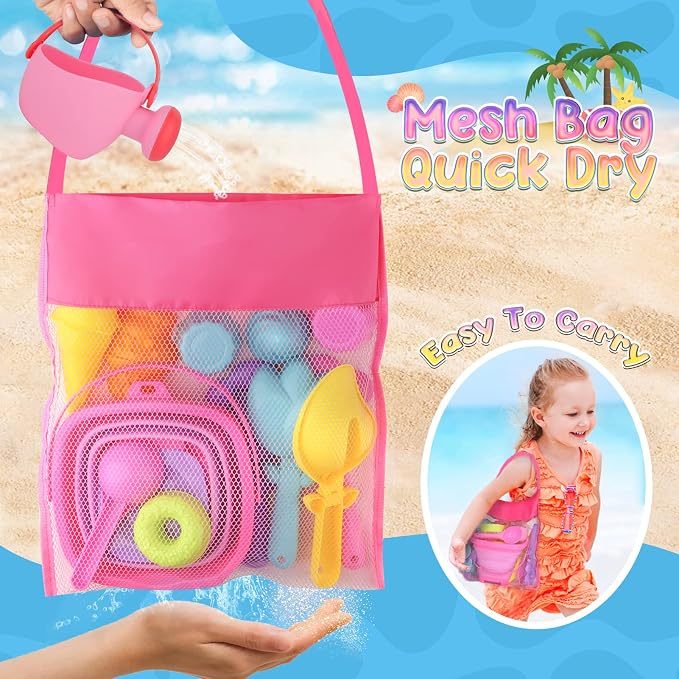 Dreamon Collapsible Beach Toys Set for Kids 3-10, Collapsible Sand Bucket Shovels Set with Mesh Bag and Beach Molds, Ice Cream Sand Toys for Beach, Sandbox Travel Toys for Kids Toddlers Girls