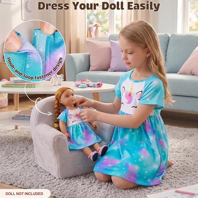 Play Tailor Doll and Girl Matching Nightgown Unicorn Outfit Pajamas Night Dress for Girls and 18" Dolls Clothes