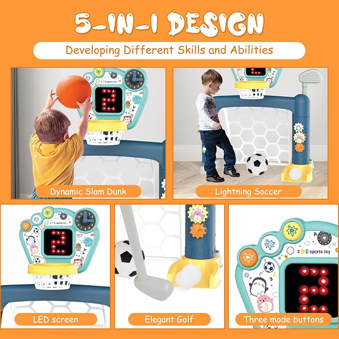2026 Updated 4 in 1 Adjustable Basketball Hoop Soccer Goal for Toddlers 1-3,Kids Sports Toys with Golf Toy, LED Scoreboard, Music & Educational Games,Indoor & Outdoor Baby Activity Center