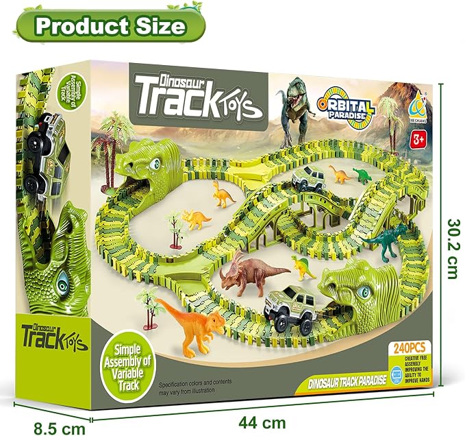 Dinosaur Track Toys, 266 PCS Dinosaur Toys for Kids 3-5 Create A Dinosaur World Road Race Tracks, 2 Dinosaur Cars Flexible Train Track Set, Birthday Gifts 3 4 5 6 7 Year Old Boys Girls