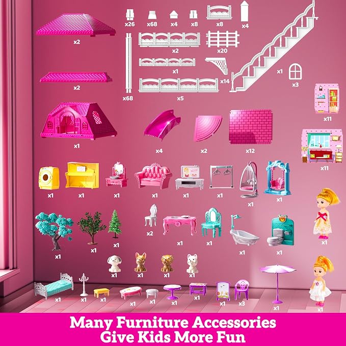 JUKUDAHU Villa Playset for Girls Ages 3-7, Indoor Playset Girls Toys for Ages 6-8 with 4 Storeys 11 Rooms 2 Dolls, Furniture and Accessories, Pretend Toddler Toy, Birthday Gifts for Kids 3 4 5 6 7 8