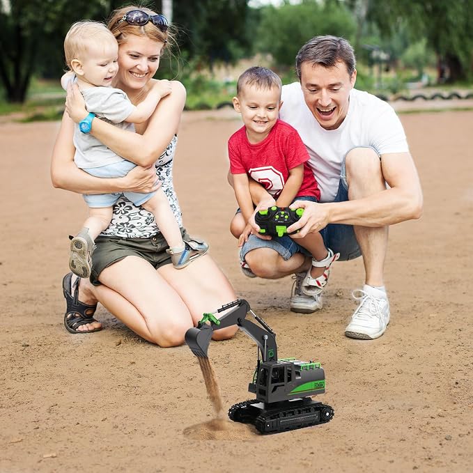 IQKidz Remote Control Excavator Toys for Boys 4-7 Yrs Old - Best Birthday Gift for Kids Age 3 5 8 9 10+, Metal Shovel Construction Vehicles with Light Sound, Rechargeable RC Tracked Digger