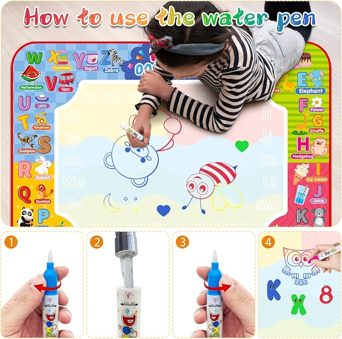 Water Doodle Mat 32 x 24 Inch Kids Water Painting Writing Drawing Mat Toy,Mess Free Coloring Extra Large Magic Educational Toys for Boys Girls Age 3 4 5 6 7 8 Year Old Christmas Birthday Present